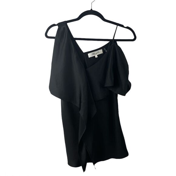 DIANE Von Furstenberg Black Asymmetrical Ruffle Sleeveless Blouse S - Picture 4 of 7